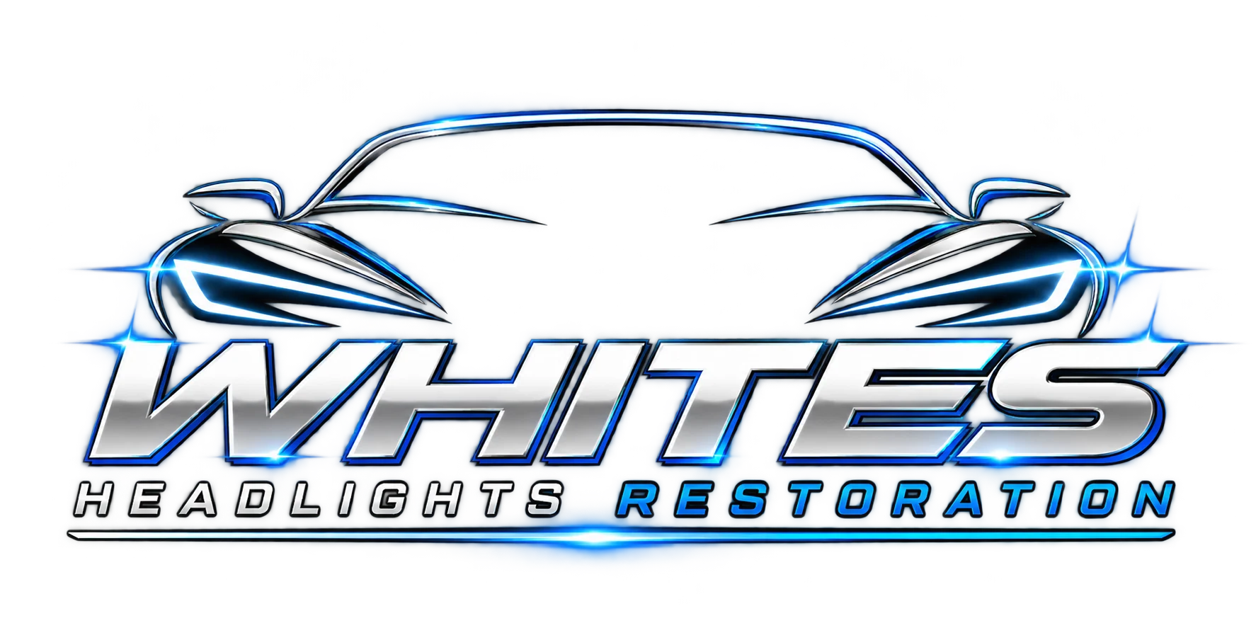 Logo for Whites Headlights Restoration service featuring a blue sports car silhouette with glowing headlights